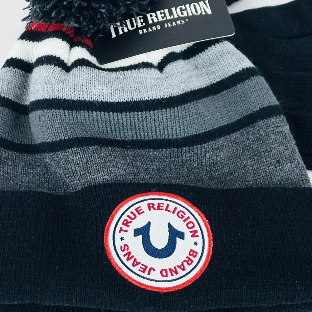 NWT True Religion Kids Hat & Gloves 2-Pieces Set Black Grey Logo‎ Front One Size